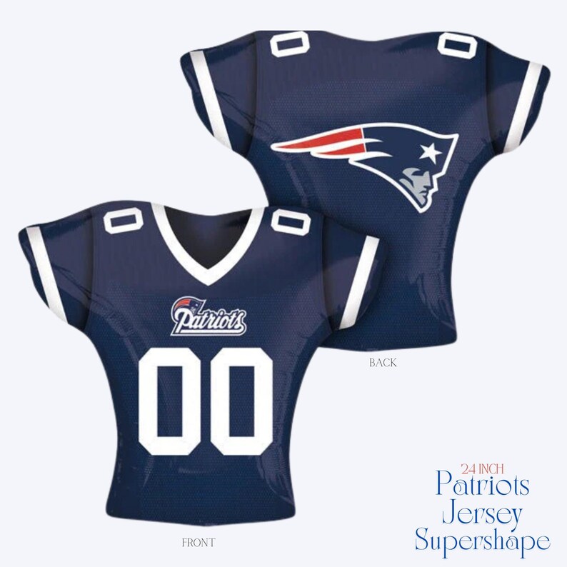 May include: A navy blue 24-inch Patriots jersey supershape balloon. The front of the jersey has the team logo, the word "Patriots", and the number "00" in white. The back of the jersey also has the team logo. White stripes accent the shoulders.