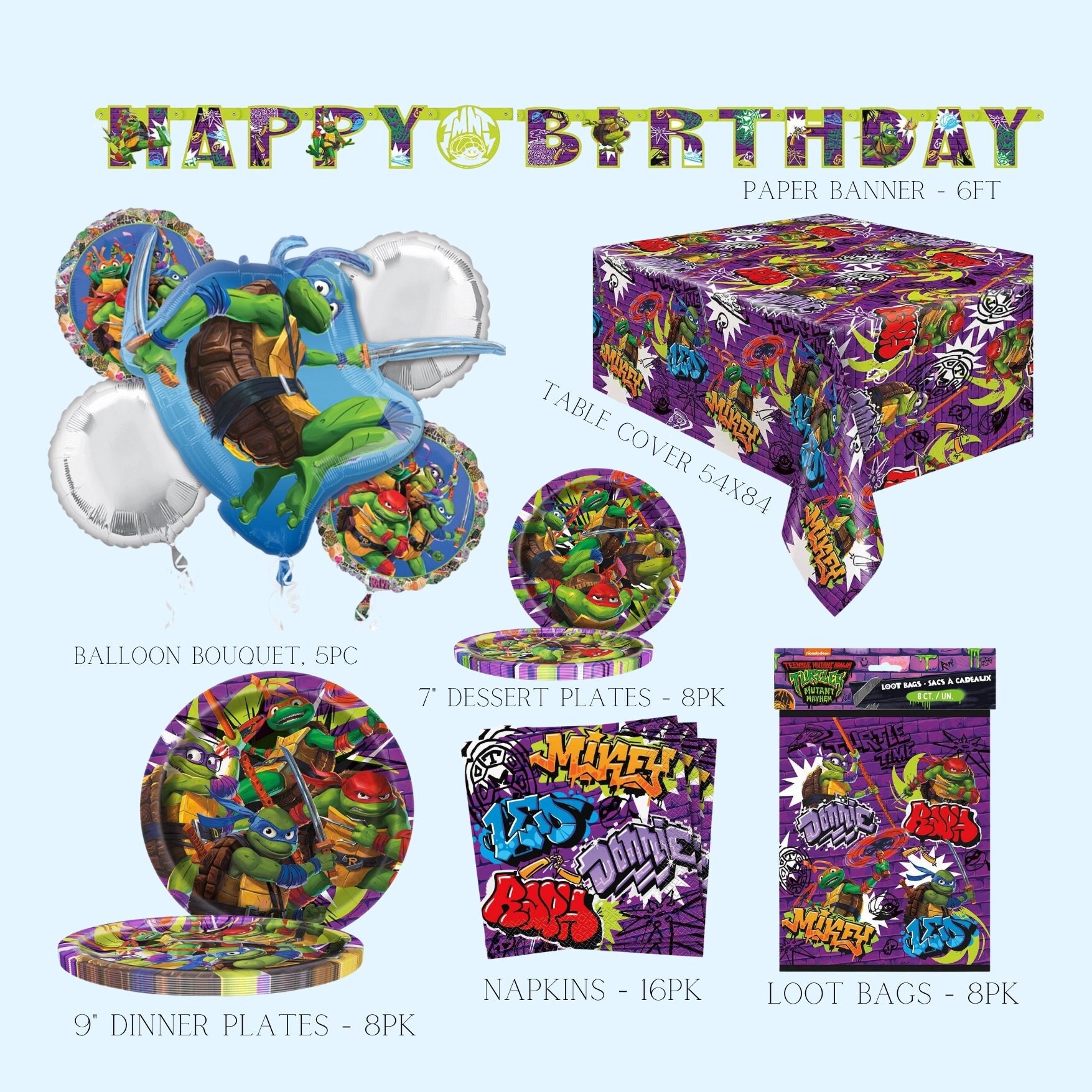 Teenage Mutant Ninja Turtles TMNT Birthday Party Bundle Pack includes 16  Dessert Cake Plates, 16 Napkins, 1 Table Cover, 1 Happy Birthday Banner, 1