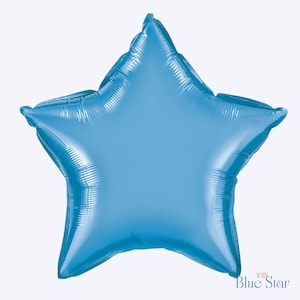 May include: A star-shaped foil balloon in a solid light blue color with a metallic finish. The balloon features five points and a smooth, reflective surface. Text printed in the bottom right corner reads 18IN Blue Star.