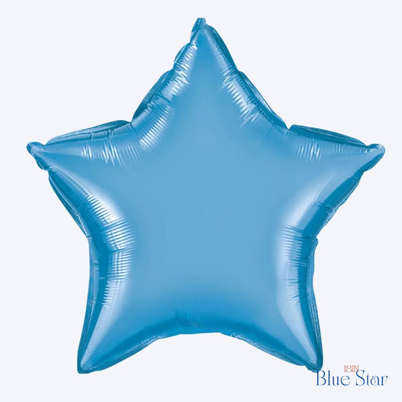 May include: A star-shaped foil balloon in a solid light blue color with a metallic finish. The balloon features five points and a smooth, reflective surface. Text printed in the bottom right corner reads 18IN Blue Star.