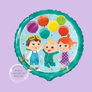 May include: An 18 inch Cocomelon balloon featuring the characters from the show. The balloon is round and has a green border. The characters are a boy with a blue jumpsuit, a baby in a green onesie, and a girl in a purple dress. There are colorful balloons in the background.