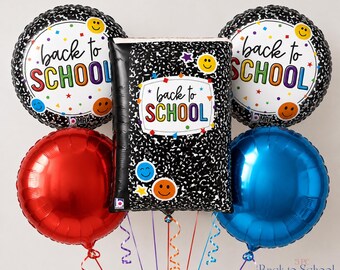 May include: A five-piece balloon bouquet featuring two round balloons with black and white composition notebook patterns and the text back to school, one rectangular balloon with a matching pattern and text, one solid red balloon, and one solid blue balloon.