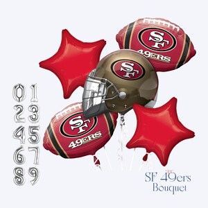 May include: A set of 10 red and gold balloons featuring the San Francisco 49ers logo. The set includes two football-shaped balloons, a helmet-shaped balloon, two star-shaped balloons, and five number balloons. The balloons are arranged in a bouquet and are ready to be inflated.