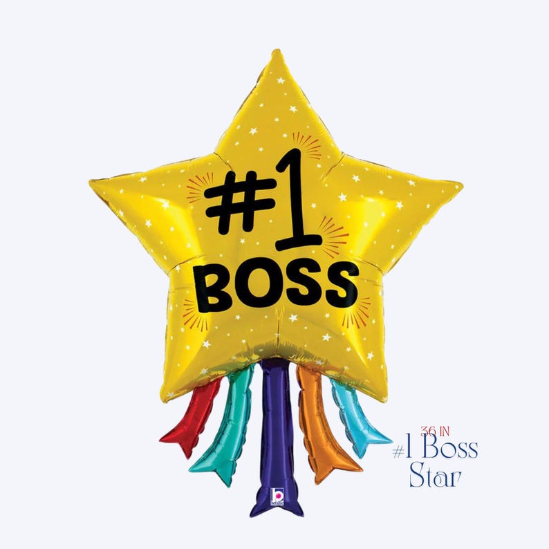 Puede incluir: Un globo de papel de aluminio dorado en forma de estrella de 91 cm con el texto negro #1 BOSS y peque&ntilde;os detalles de estrellas blancas. El globo incluye cinco serpentinas met&aacute;licas colgantes en rojo, turquesa, morado, naranja y azul claro.