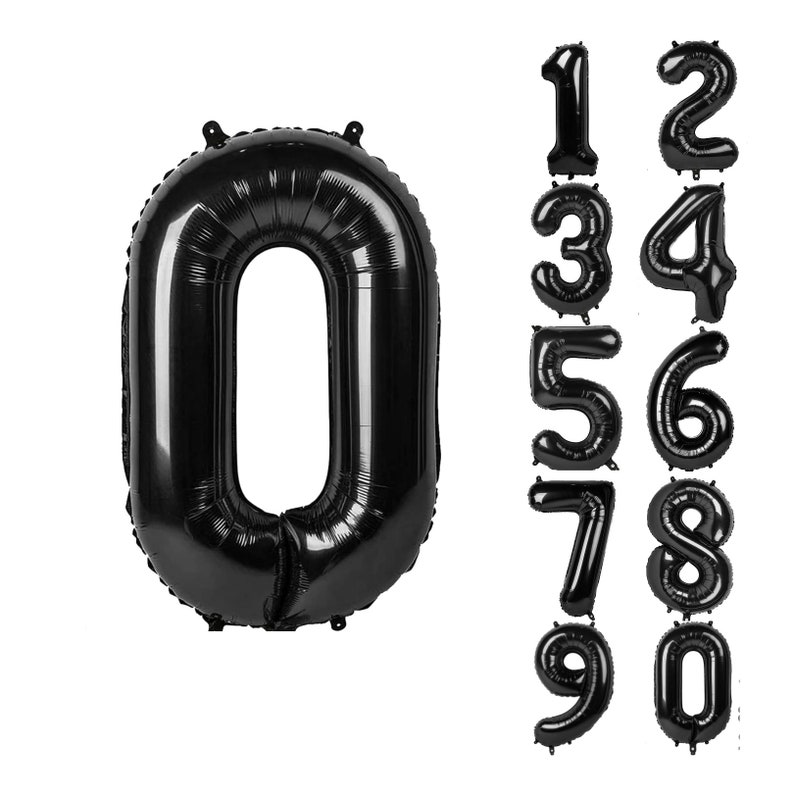 May include: Black balloon numbers 0 through 9. The balloons are inflated and ready to use.