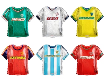 Soccer Jersey Foil Balloons | World Football Party Decorations | USA Mexico Brazil Argentina Portugal Spain | Soccer Birthday Supplies