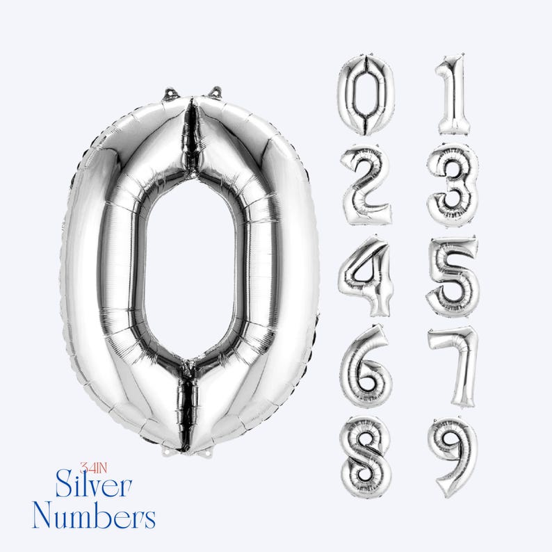 May include: A large silver foil balloon in the shape of the number zero, accompanied by a vertical column of smaller silver foil balloons representing the numbers zero through nine. The text 34IN Silver Numbers is visible at the bottom left.