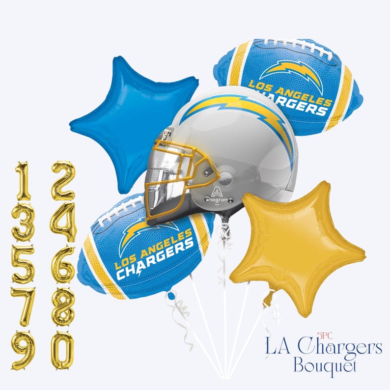 May include: A 5-piece Los Angeles Chargers balloon bouquet featuring a silver football helmet, two blue and yellow football-shaped balloons with team branding, one blue star balloon, one gold star balloon, and gold number balloons 1 through 0.