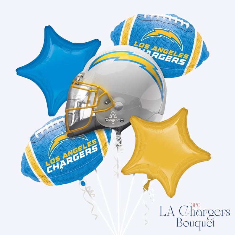Los Angeles Chargers balloon bouquet, LA Chargers balloons, Chargers helmet balloon, Los Angeles Chargers football balloons, silver football helmet balloon, blue Chargers football balloon, blue star foil balloon, yellow star foil balloon, blue yellow football decorations, NFL balloon bouquet, five piece football balloon set, football shaped foil balloon, football helmet foil balloon, Chargers birthday decorations, football game day balloons, tailgate balloon bouquet, sports birthday decorations.
