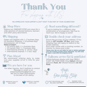 May include: A light blue and white informational card titled Thank You For shopping with US. It contains text regarding shop policies, shipping details, contact information, and balloon inflation instructions, featuring small icons of a rabbit and hearts.