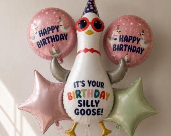 May include: A balloon set featuring a large white goose balloon wearing red sunglasses and a blue party hat, printed with the text IT'S YOUR BIRTHDAY SILLY GOOSE!. It is surrounded by two pink round balloons with geese and text, and two star-shaped balloons in pink and light green.