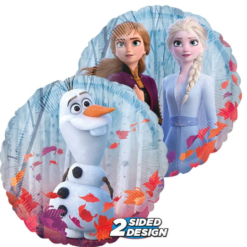 May include: Two-sided foil balloon featuring characters from the movie Frozen II. One side shows Elsa and Anna in a winter forest scene. The other side shows Olaf the snowman. The balloon has the text "2 SIDED DESIGN" printed on it.