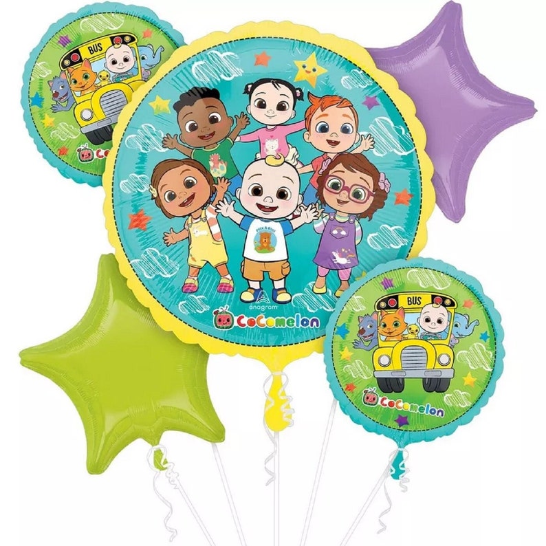 May include: A set of five Cocomelon balloon decorations. The balloons feature the characters from the show, including a large round balloon with the main character, a smaller round balloon with the school bus, and three star-shaped balloons in green, purple, and yellow.