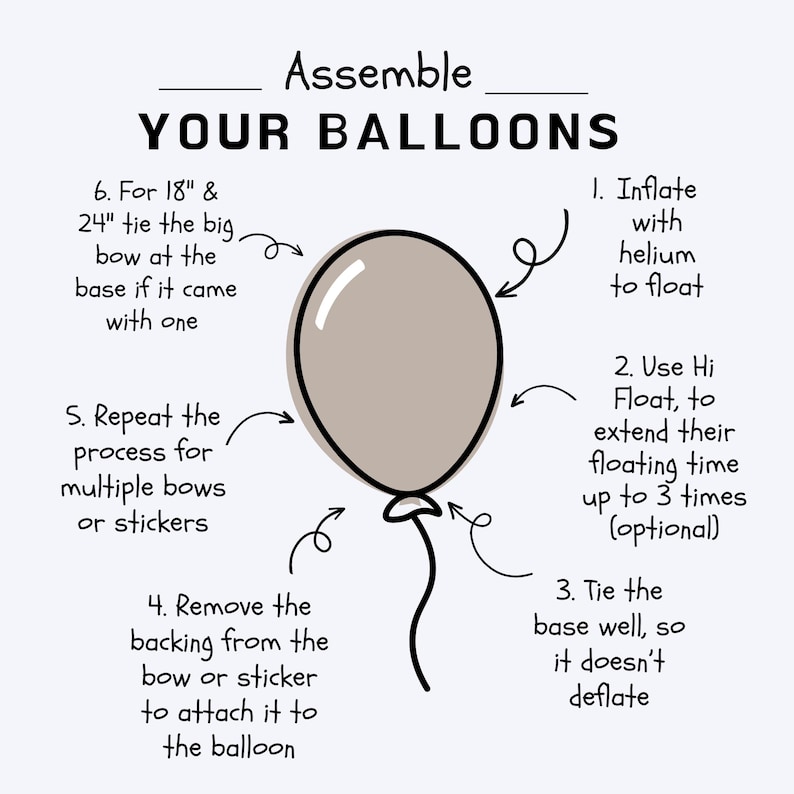 May include: A black and white illustration showing how to assemble balloons with a bow. The steps include inflating the balloon with helium, using Hi Float to extend the floating time, tying the base well, and removing the backing from the bow to attach it to the balloon.