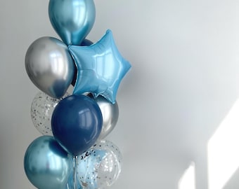 Blue & Silver Confetti Balloon Bouquet: Birthday, Baby Shower Decor