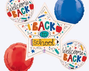 May include: A five-piece balloon bouquet featuring a large star-shaped balloon with the text Back to School, two round balloons with the text Welcome Back, one solid blue round balloon, and one solid red round balloon, all decorated with pencil doodles.