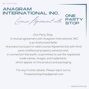 Puede incluir: Un documento blanco titulado Anagram International Inc. License Agreement with One Party Stop. El texto indica que One Party Stop es un vendedor autorizado de productos bajo acuerdos de licencia v&aacute;lidos y tiene permiso para usar marcas registradas.