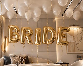Bruidsballonnenpakket | Gouden BRIDE-letters - 86 cm met witte heliumballonnen | Decoratie voor vrijgezellenfeest | Decoratie voor bruidsdouche