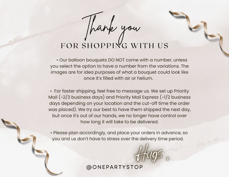 May include: A graphic with the words "Thank you for shopping with us" in a handwritten font. The image includes text about balloon bouquets and shipping information, with a decorative ribbon and the word "Hugs". The Etsy shop's handle is also included.