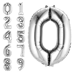 May include: Silver foil number balloons, 0 through 9, for party decorations. The balloons are inflated and ready to use.