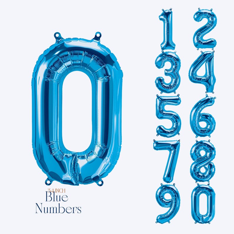 May include: A collection of blue foil number balloons, including the number zero, and numbers one through nine. The balloons are 34 inches tall and are ideal for birthday parties or other celebrations. The text "34 inch Blue Numbers" is at the bottom.