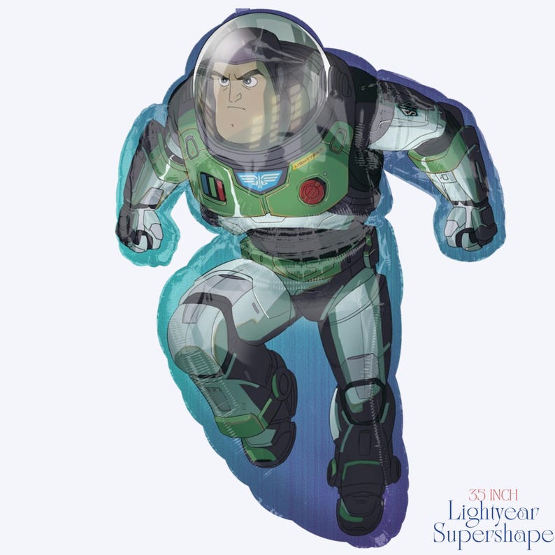 K&ouml;nnte beinhalten: Ein 35 Zoll Buzz Lightyear Supershape-Ballon. Der Ballon zeigt Buzz Lightyear in seinem Raumanzug, mit einem gr&uuml;n-wei&szlig;en Farbschema. Der Ballon befindet sich in einer Laufpose, mit einem transparenten Helm und einem entschlossenen Gesichtsausdruck.