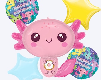Cumpleaños de ajolote / Decoraciones de fiesta de ajolote adorables / Globo de cumpleaños kawaii bajo el mar / Cumpleaños de ajolote en tonos pastel
