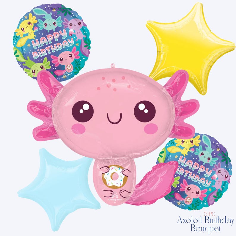 Peut inclure: Un ensemble de ballons Axolotl Birthday Bouquet de 5 pi&egrave;ces. L'ensemble comprend un grand ballon axolotl rose tenant un beignet, deux ballons ronds avec des graphiques d'axolotl et le texte "Happy Birthday", et deux ballons en forme d'&eacute;toile jaunes et bleu clair.