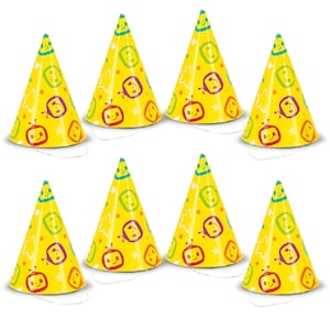 May include: Set of eight yellow party hats with a colorful cartoon design featuring a robot face and stars.