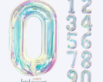 Globos iridiscentes y holográficos con números (solo inflado con aire) / Decoraciones para fiestas con brillo arcoíris / Sirena / Unicornio / Cumpleaños bajo el mar