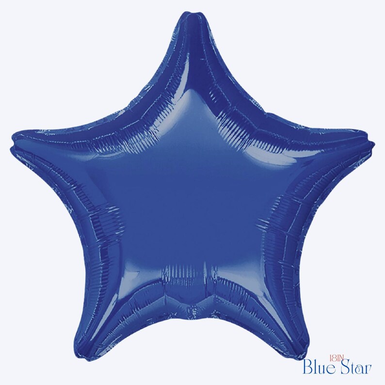 May include: A vibrant blue star-shaped balloon. The balloon has a shiny, metallic finish and is inflated. The image includes the text "18IN Blue Star" in the bottom right corner. Perfect for parties and celebrations.