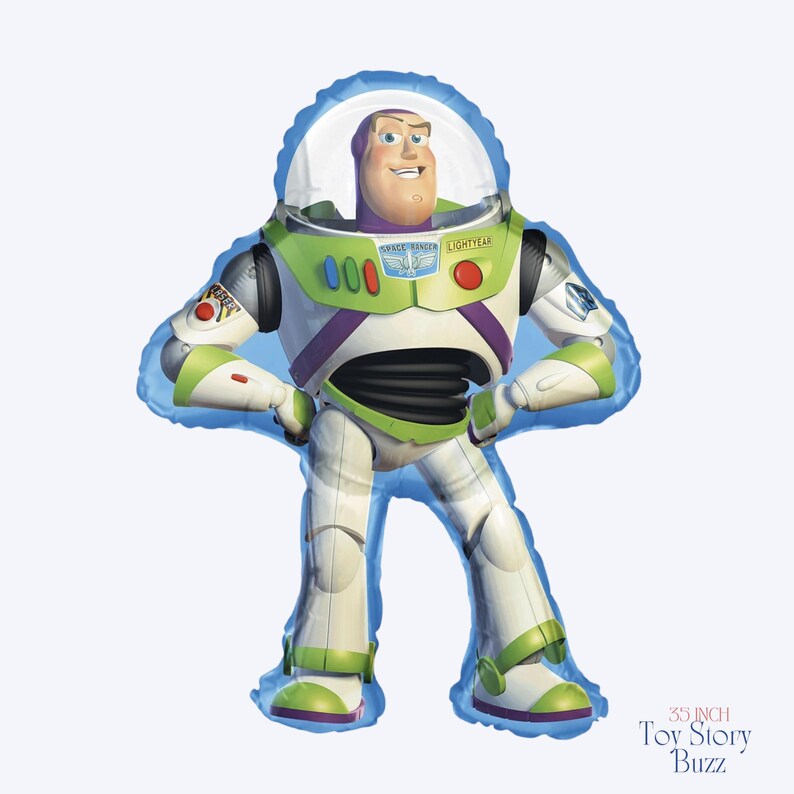 K&ouml;nnte beinhalten: Ein 89 cm gro&szlig;er Buzz Lightyear-Ballon aus Toy Story. Der Ballon zeigt Buzz Lightyear in seinem wei&szlig;en, gr&uuml;nen und lila Raumanzug, mit einem transparenten Helm und den Worten "Space Ranger" und "Lightyear".