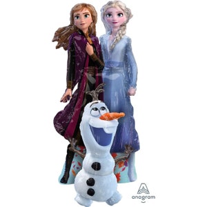 May include: A Frozen balloon set featuring Elsa, Anna, and Olaf. The three characters are depicted in their iconic poses from the movie. Elsa is wearing a light blue gown, Anna is wearing a purple dress, and Olaf is wearing his signature snowman outfit.