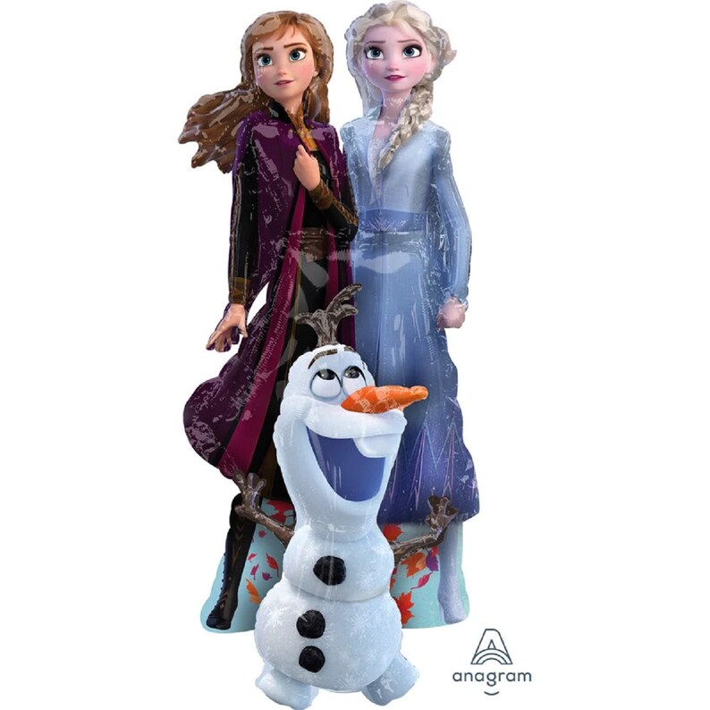 May include: A Frozen balloon set featuring Elsa, Anna, and Olaf. The three characters are depicted in their iconic poses from the movie. Elsa is wearing a light blue gown, Anna is wearing a purple dress, and Olaf is wearing his signature snowman outfit.