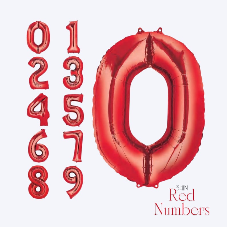 May include: Red number balloons, including the numbers 0 through 9. The large number 0 is 34 inches tall. The text "34in Red Numbers" is in the bottom right corner. These balloons are ideal for birthday parties and celebrations.