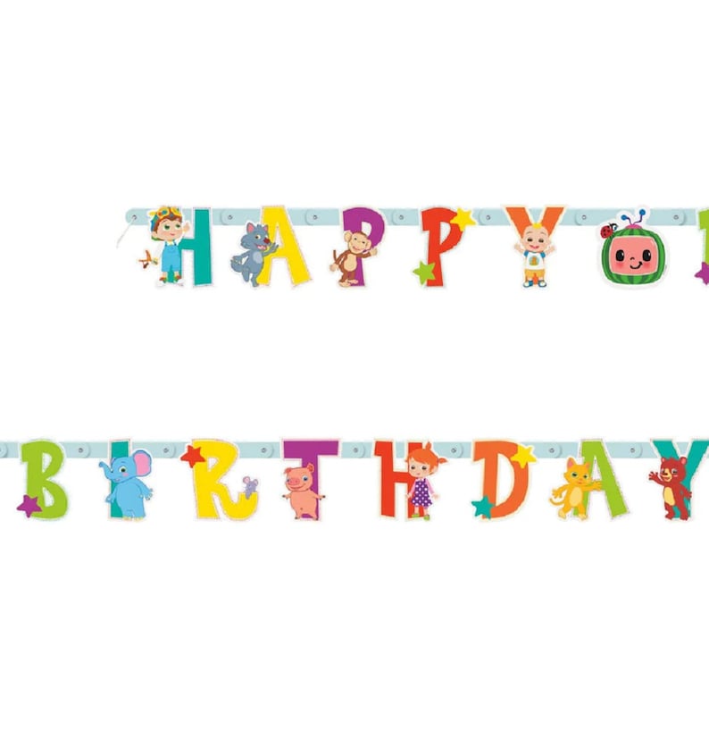 May include: A colorful Happy Birthday banner with characters from the CoComelon cartoon. The banner is made of cardboard and has a blue background. The letters are in different colors and have a cartoon style.
