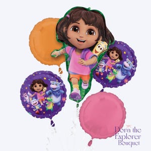 May include: A Dora the Explorer balloon bouquet featuring a large Dora character balloon, two purple balloons with Dora and friends, and two solid-color balloons in orange and pink. The bouquet is tied with white ribbons.