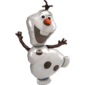 May include: A silver and brown inflatable Olaf balloon from the Disney film Frozen. Olaf is a snowman with a carrot nose, brown eyes, and a big smile. He is wearing a brown hat and has brown arms.