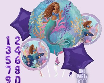 Little Mermaid Balloon Bouquet, Purple Star Balloons, Under the Sea Party Decor