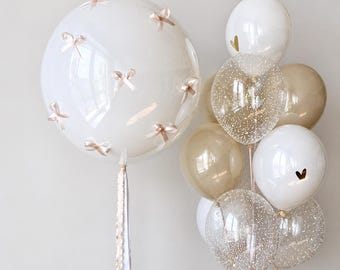 DIY Coquette Balloon Bouquet Kit | Large 24" White Balloon with Satin Bows | Neutral Birthday Decor | Baby Shower Balloons | Romantic Party