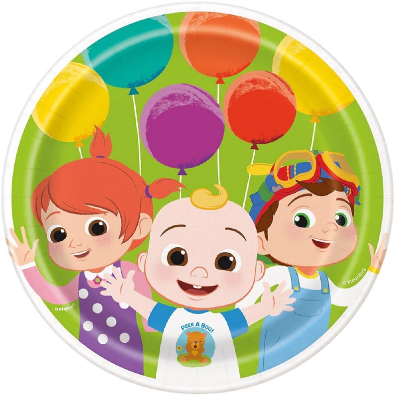 May include: A set of 8 paper plates featuring characters from the children's show "Peek-a-Boo!" The plates are white with a green background and feature the characters in a colorful balloon-filled scene. The text "Peek-a-Boo!" is printed on the plates.