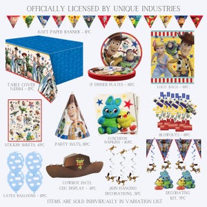 K&ouml;nnte beinhalten: Offiziell lizenzierte Toy Story Partyartikel. Enth&auml;lt eine Tischdecke, Essteller, Loot Bags, Tr&ouml;ten, Servietten, Aufkleberb&ouml;gen, Partyh&uuml;te, Cowboyh&uuml;te, H&auml;ngedekorationen, Latexballons und ein Dekorationsset.