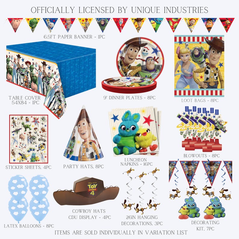 K&ouml;nnte beinhalten: Offiziell lizenzierte Toy Story Partyartikel. Enth&auml;lt eine Tischdecke, Essteller, Loot Bags, Tr&ouml;ten, Servietten, Aufkleberb&ouml;gen, Partyh&uuml;te, Cowboyh&uuml;te, H&auml;ngedekorationen, Latexballons und ein Dekorationsset.