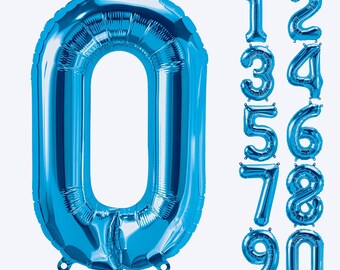 May include: A large, metallic blue foil balloon shaped like the number zero, accompanied by a smaller vertical display of blue foil balloons representing the numbers one through nine. The text 34 INCH Blue Numbers is printed below.