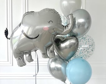 Ramo de globos de elefante bebé, globos de safari para baby shower, juego de globos azul y plateado, globo de elefante de aluminio, decoración para baby shower de niño, selva