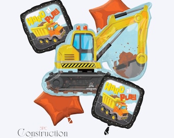 Construction Balloon Bouquet: Excavator, Dump Truck, Digger Birthday Party Decor