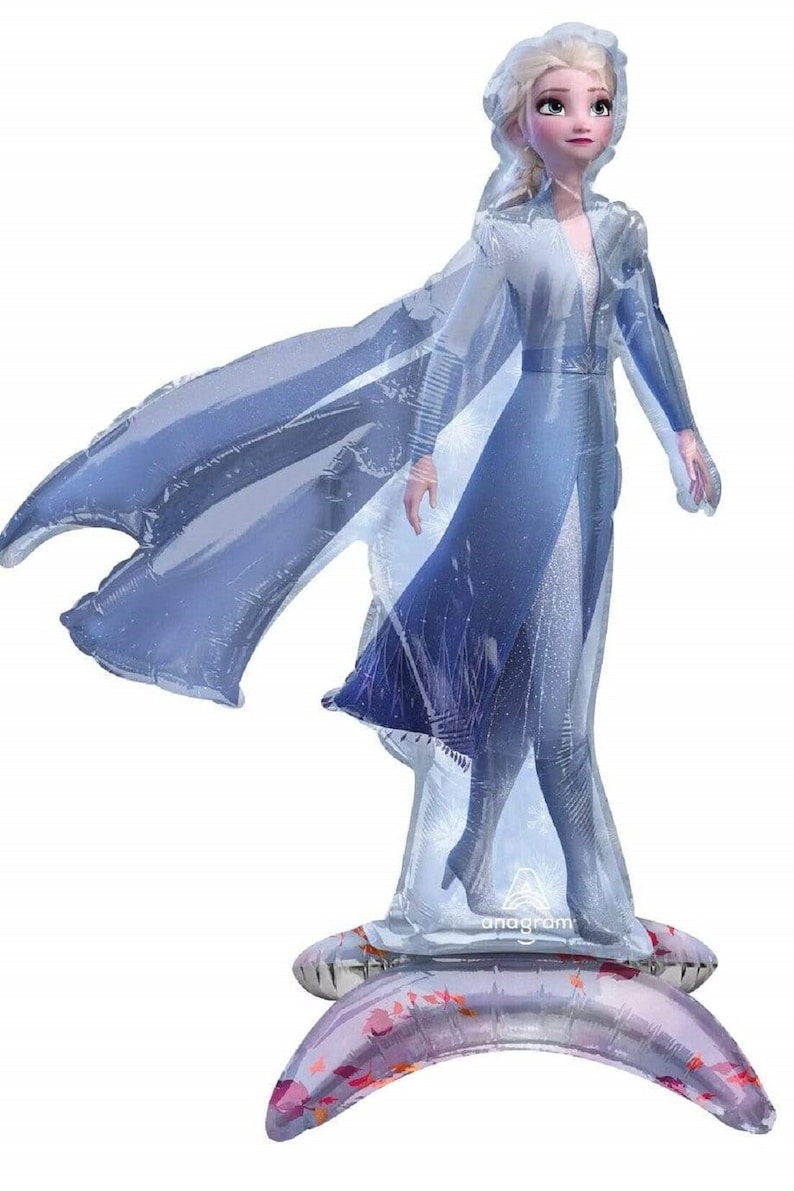 May include: A large, blue and white inflatable balloon of Elsa from the movie Frozen. Elsa is wearing a blue dress and a white cape. She is standing on a purple and white inflatable base with a floral pattern. The balloon is made by Anagram.