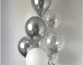 Globos plateados y blancos, globos cromados plateados, globos blancos y con confeti, decoración elegante para fiestas, cumpleaños, baby shower, boda, despedida de soltera.