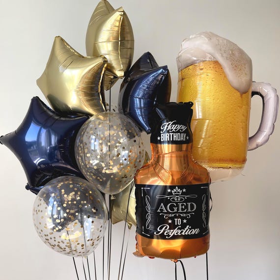 Birthday Party  Aged to Perfection Balloon Bouquet | Adult Birthday Balloons | Beer & Whiskey Balloon Set | Milestone Birthday Decor