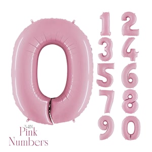 May include: Pink number balloons, including the number 0, and numbers 1 through 9. The balloons are 34 inches in height and are a light pink color. The text "Pink Numbers" is printed in the bottom left corner.